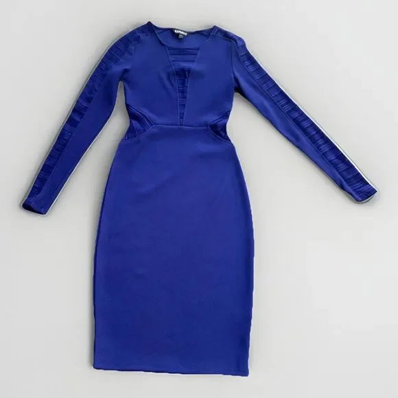 Express Midi Royal Blue Bodycon Body shape W Mesh Cutouts Dress Sz 2 - Picture 11 of 14